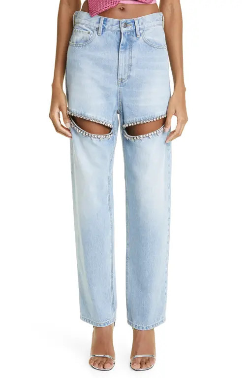 Area Crystal Slit Cotton Denim Straight Leg Jeans in Light Blue at Nordstrom, Size 30 | Nordstrom