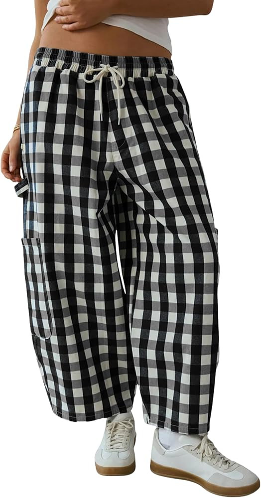 Omoone Womens Plaid Wide Leg Pants Gingham Print Crop Baggy Pants High Waist Cotton Carpenter Tro... | Amazon (US)
