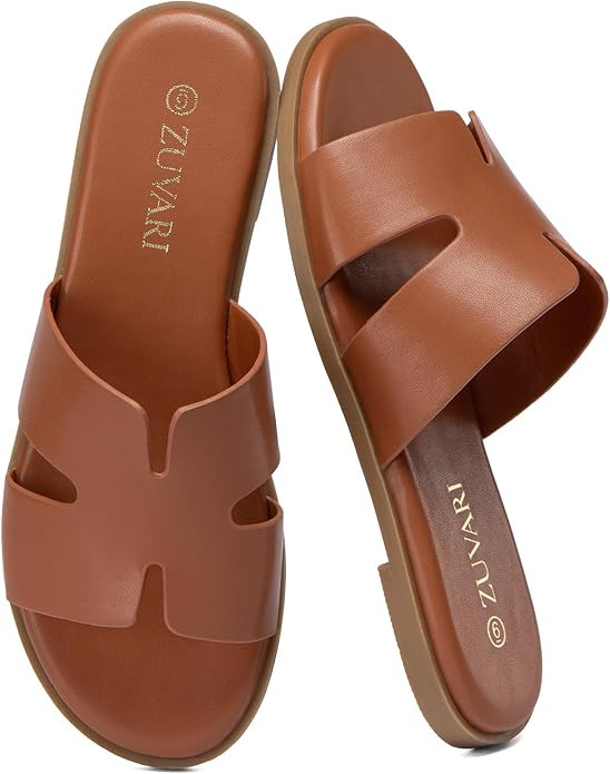 Women's Flat Sandals Open Toe Leather Slippers for Summer Slip On Beach Mules Dressy Comfortable ... | Amazon (US)