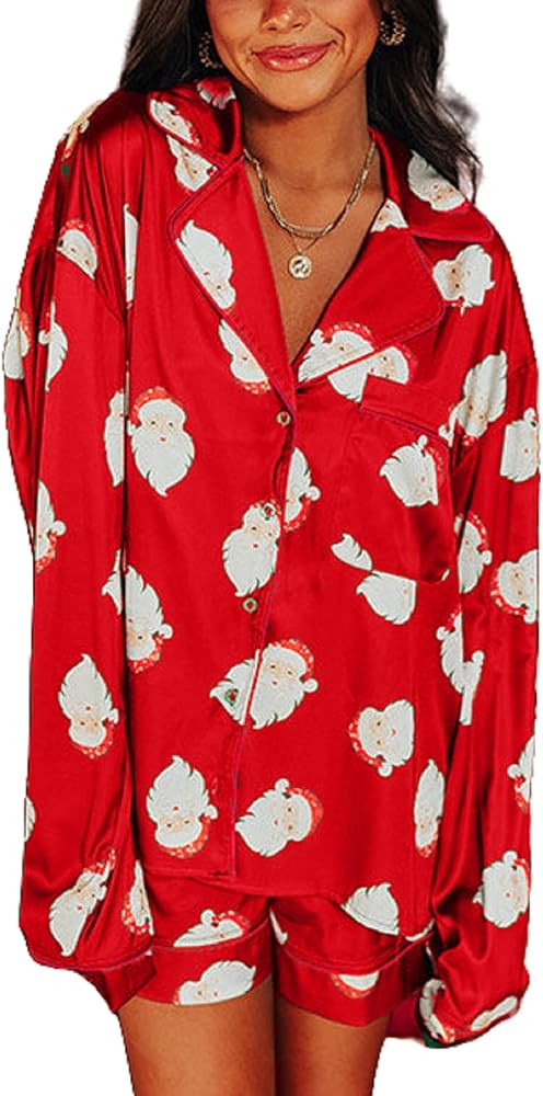 Faretumiya Women Christmas Pajamas Shorts Sets Xmas Printed Long Sleeve Button Down Shirt Lounge ... | Amazon (US)