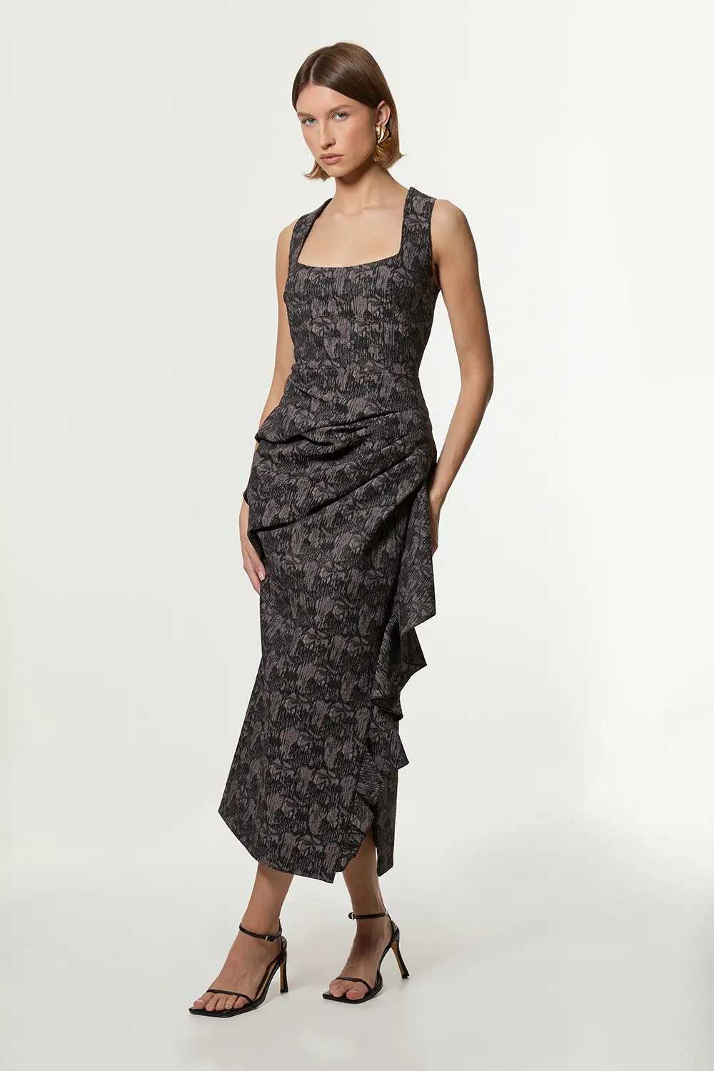 Dresses | Jacquard Ruffle Strappy Tailored Maxi Dress | KarenMillen | Karen Millen UK + IE + DE + NL