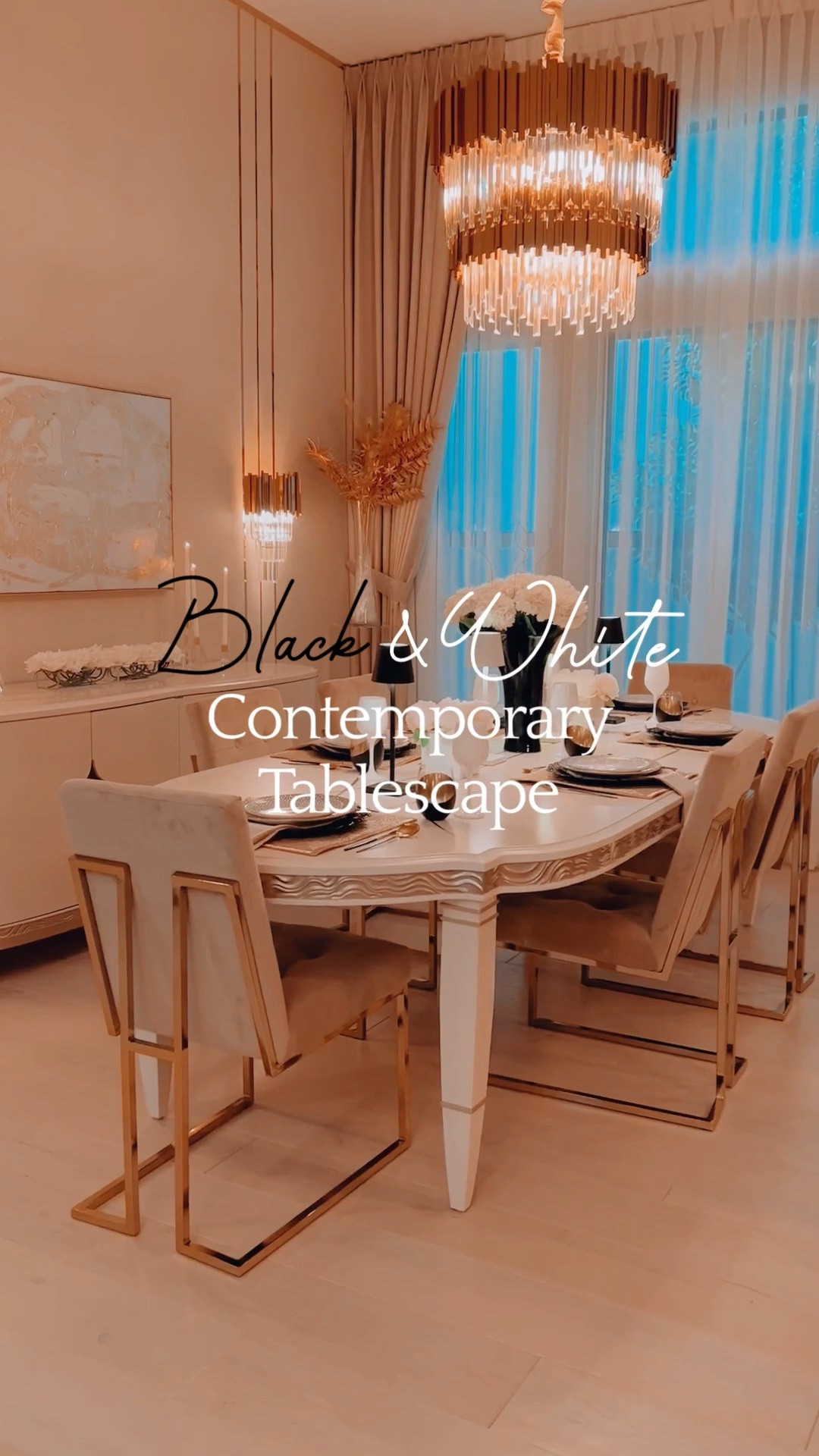 Today I am showing you another contemporary tablescape. It’s minimalistic, with straight lines and just a black-and-white color palette( with a touch of gold texture, in the beads of the table mats, in the metal of the glass and in the sparkles of the flower picks)  but so inviting at the same time. I switched off all the lights, and it was very cozy too! I used high-end artificial flowers, acrylic vases for the peonies, and a tall Murano glass vase for the hydrangea centerpiece. I added a few gold floral picks to make it more refined and dress it up for the evening. I linked a similar vase because I bought this one in Italy many years ago. I am becoming a big fan of the large menu on the sideboard for a change. Guests love to know what’s for dinner, and they often ask to take it home as a keepsake! 
Are you more traditional or modern when you dress your table for a party? 😉

#LTKhome