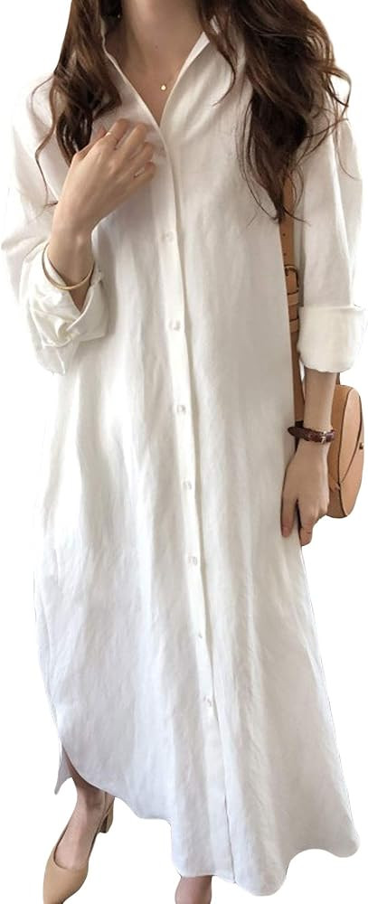 GGUHHU Womens Chic Button Down Rolled-Up Sleeve Long Cotton Blouse Maxi Dress | Amazon (US)