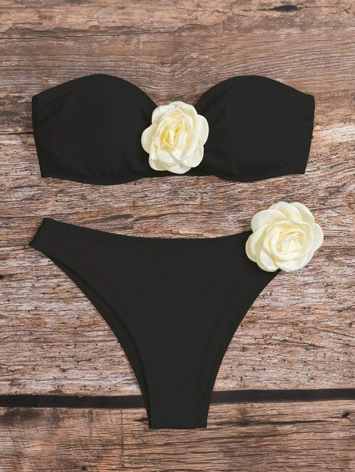 SHEIN Swim Color Block 3d Flower Strapless Bikini Set, Bandeau Two Pieces Swimwear Bathing Suit B... | SHEIN