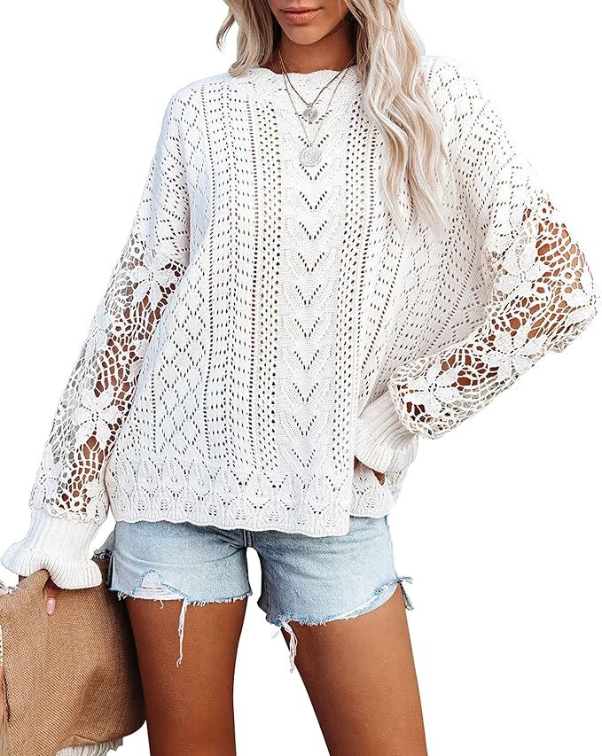 BTFBM Long Sleeve Hollow Out Sweater Casual Cute Crochet Lace Pointelle Knit Pullover Crew Neck L... | Amazon (US)