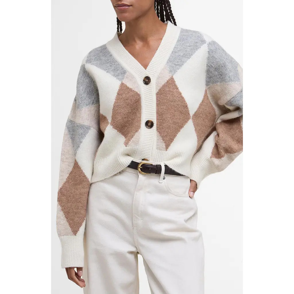 Barbour Silvia Diamond Jacquard Wool Blend Cardigan in Ivory Multi at Nordstrom, Size 14 Us | Nordstrom