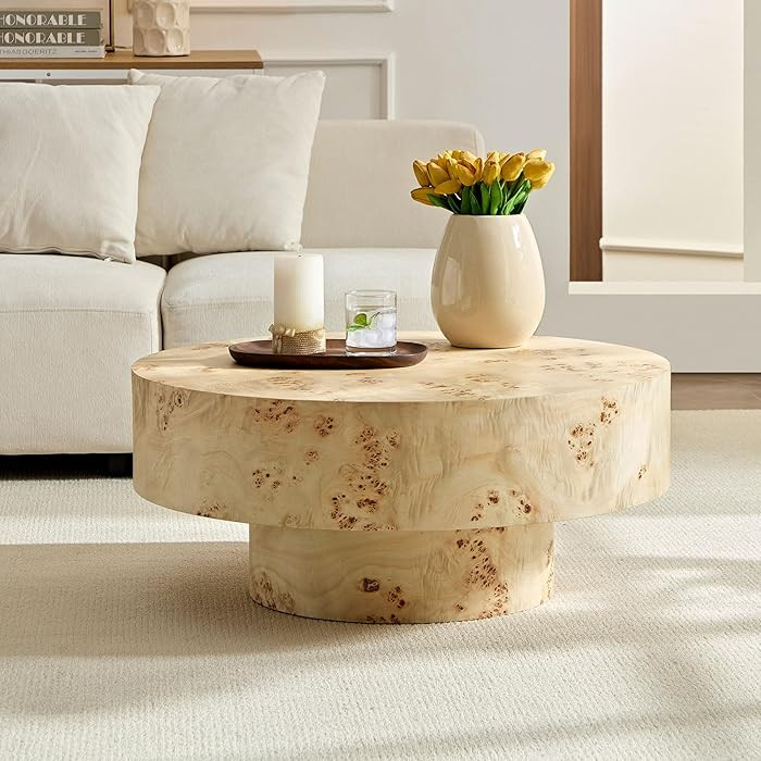 31.49" Round Coffee Table with Burl Wood Veneer & Sturdy Pedestal, Modern Luxury Circle Drum Cent... | Amazon (US)