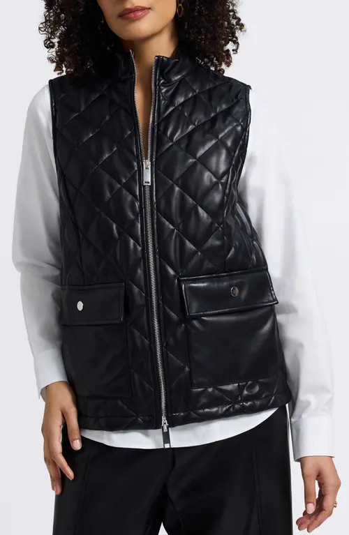 Foxcroft Billie Faux Leather Diamond Quilted Vest in Black at Nordstrom, Size Small | Nordstrom