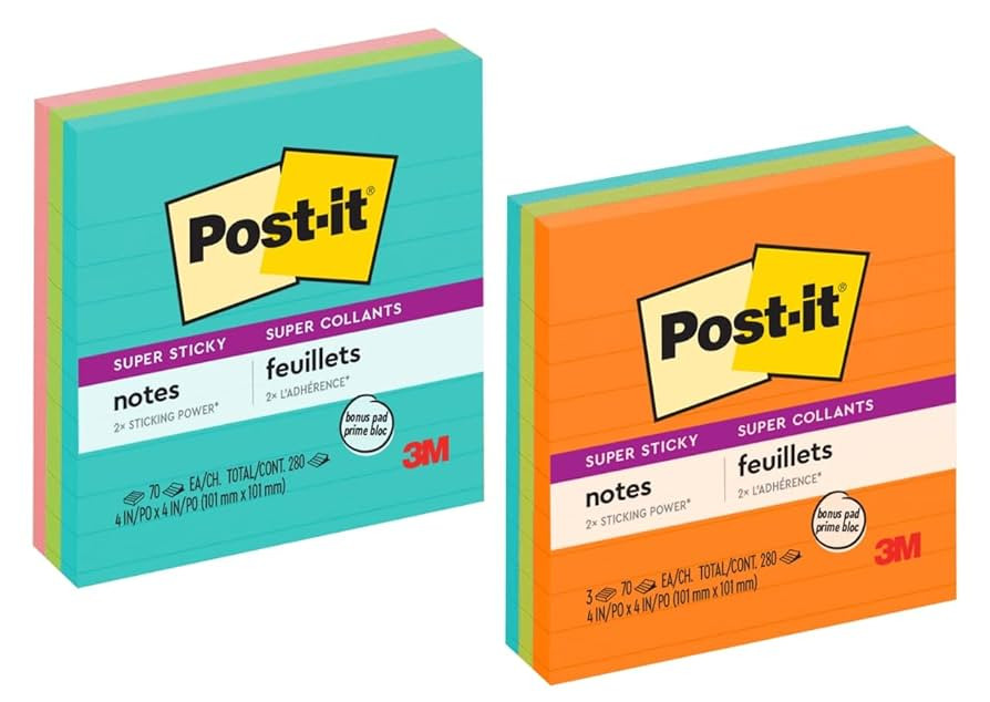 Post-it Super Sticky Notes, 4x4 in, 3 Pads, 2X The Sticking Power, Assorted Bright Colors, Lined ... | Amazon (US)