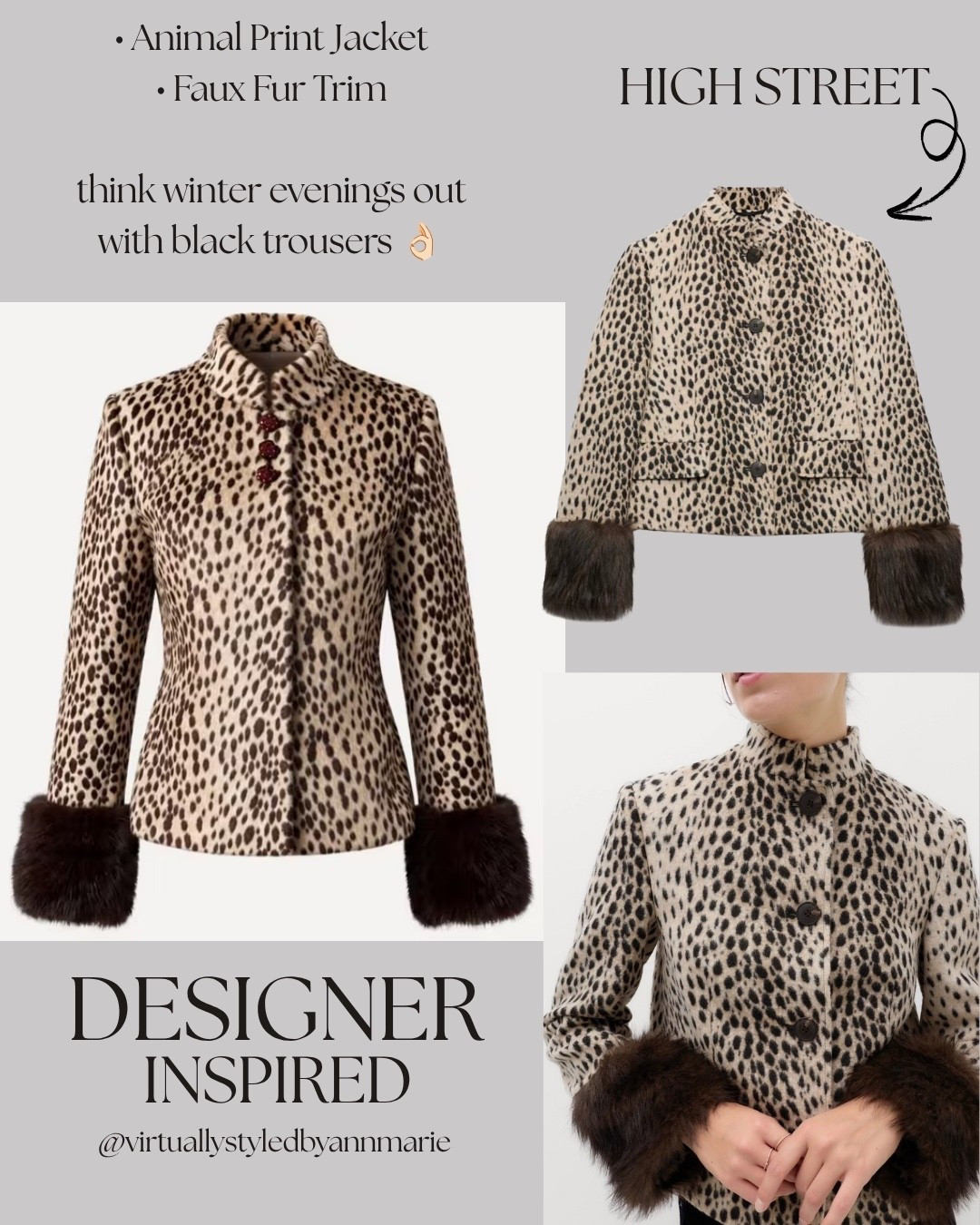 Designer inspired animal print jacket with the on trend fur trims - linked both the real deal & the high street dupe