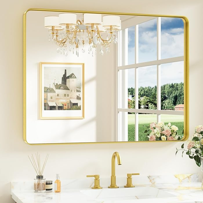 Keonjinn Gold Bathroom Mirrors for Over Sink, 40” x 30” Brushed Brass Mirror, Large Rounded R... | Amazon (US)