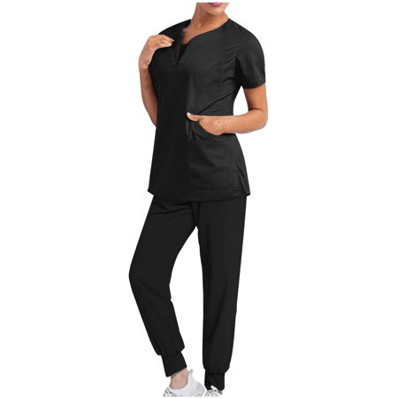 Black Scrubs for Women Scrub Set - Jogger Pant and Zipper V-Neck Top 4 Pockets Medical Nursing Uniform S | Walmart (US)