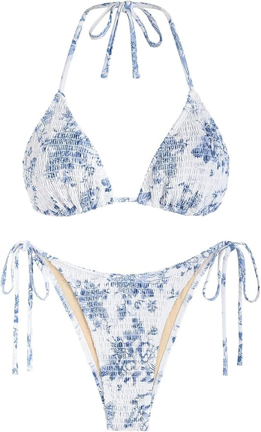 seamoly Women's Bikini Sets Halter Fishnet Shell Decorated Two Piece Swimsuit Sexy Side Tie Thong... | Amazon (US)