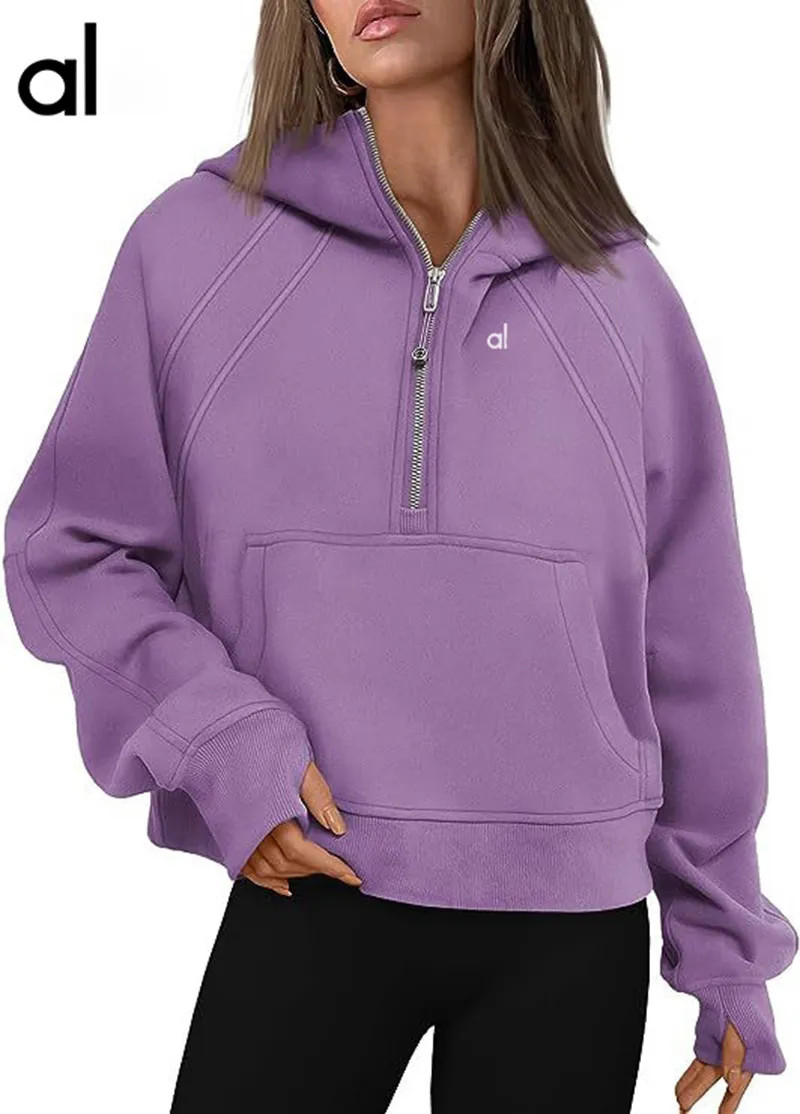 Women's autumn and winter fleece half zip hooded sweatshirt brand hoodie loose fitting short styl... | DHGate