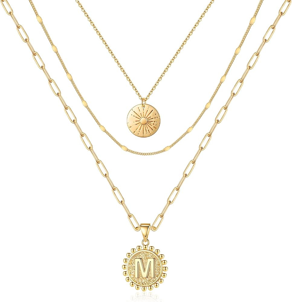 Yesteel Gold Layered Initial Necklaces for Women, Dainty 14k Gold Plated Handmade Coin Initial Neckl | Amazon (US)
