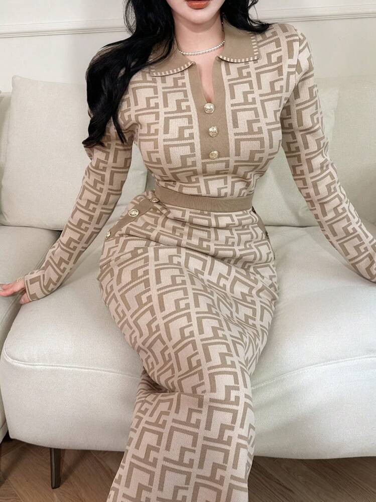 Women’s geometric pattern collar button design sweater and long midi skirt 2 piece set | SHEIN