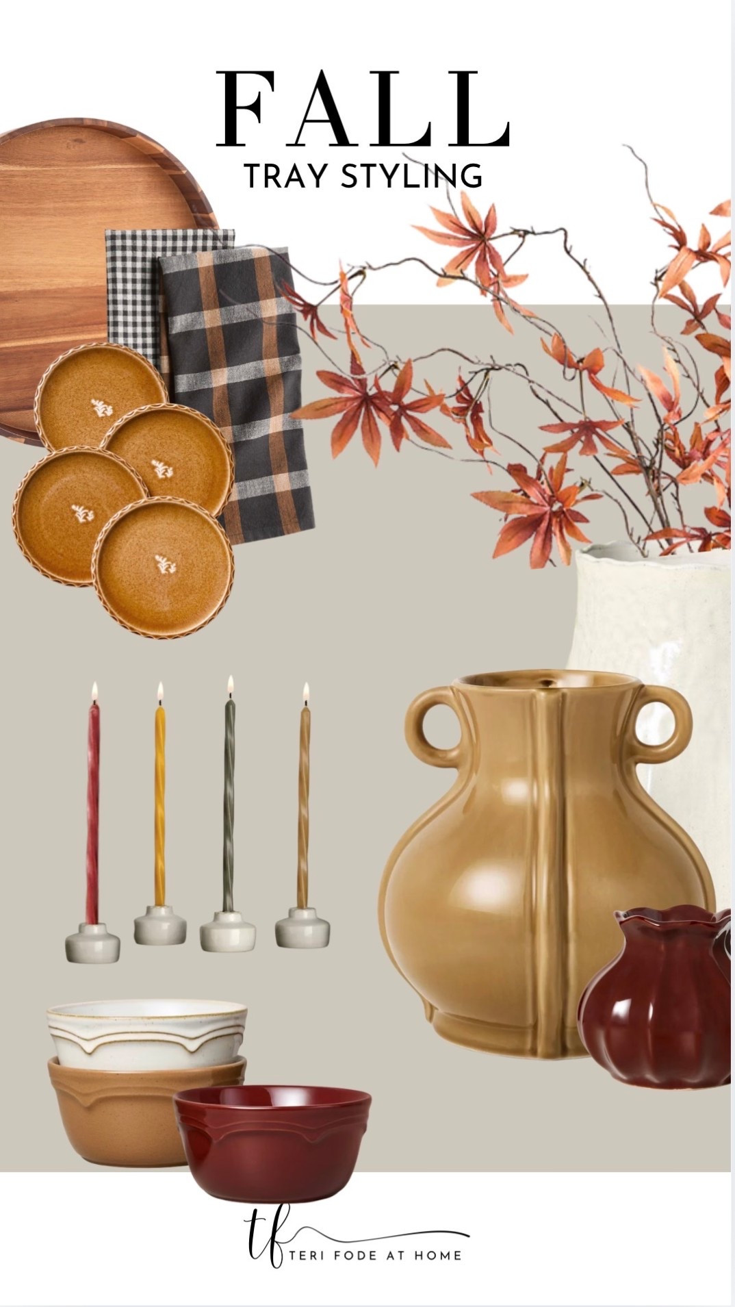 Fall tray styling, fall kitchen decor, fall home decor, autumn decor, fall hosting, fall tablescape, moody fall decor, wood serving tray, plaid kitchen towels, fall appetizer plates, autumn leaf stems, ceramic vases, burgundy decor, caramel brown decor, taper candles, candle holders, decorative bowls, warm neutral decor, cozy kitchen styling, fall entertaining essentials.

#LTKHome #LTKSeasonal #LTKSaleAlert