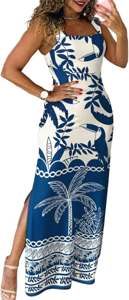 CHICME Women's Summer Maxi Dress Casual Thick Strap Square Neck Boho Sundress Split Vacation Dres... | Amazon (US)