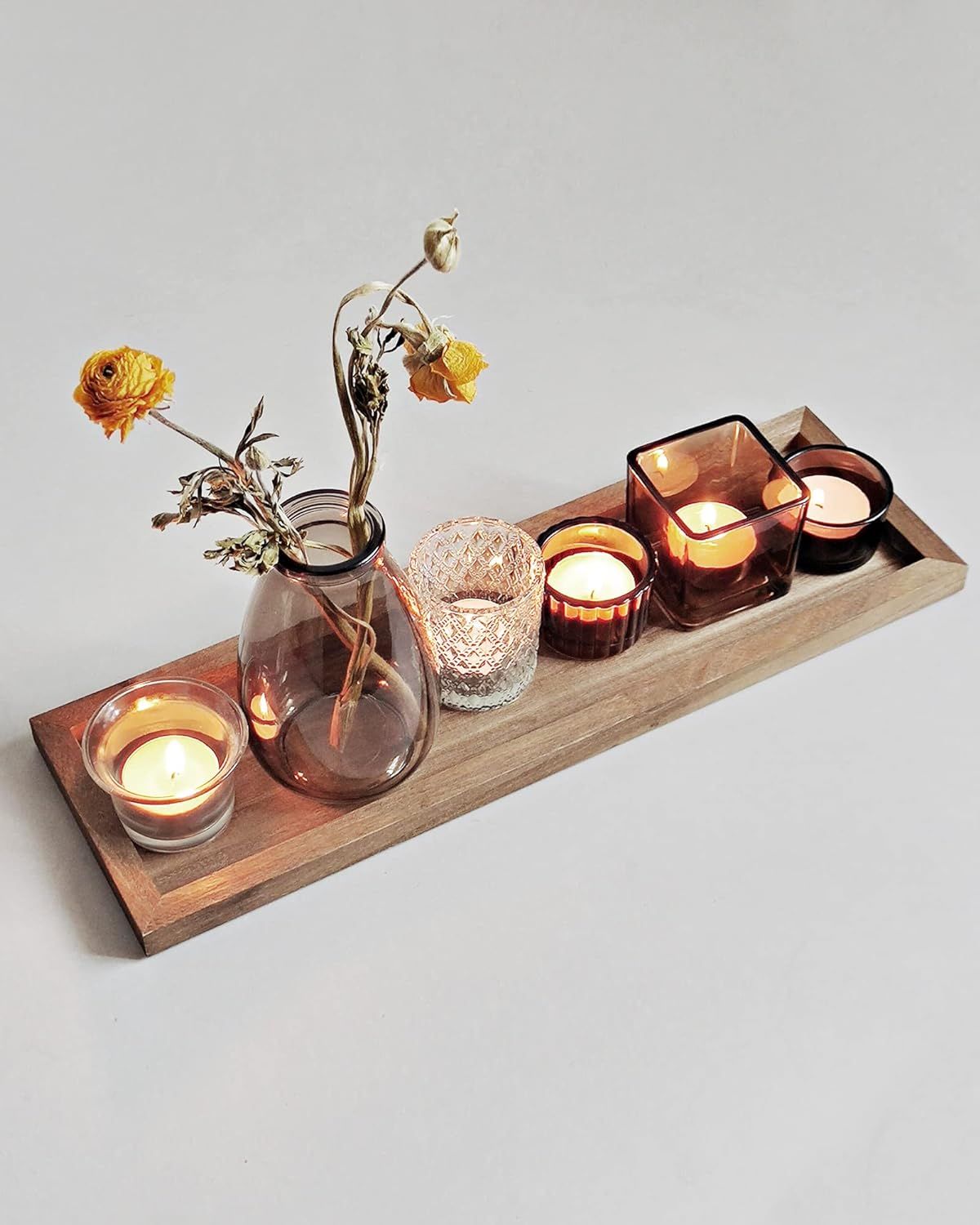 SHMILMH Glass Tealight Votive Candle Holders and Small Vase with Rustic Wooden Tray for Fall Tabl... | Amazon (US)