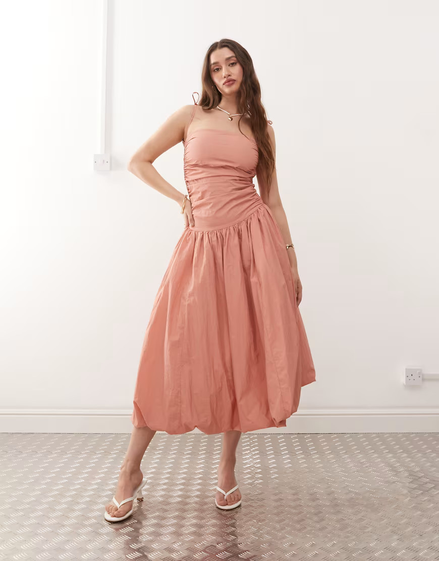 Amy Lynn Alexa tie shoulder puffball nylon midi dress in tawny-Pink | ASOS (Global)