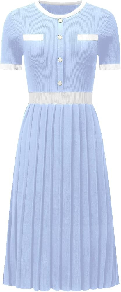 Women's Pleated Sweater Dress Ribbed Contrast Color Elegant Dress | Amazon (US)