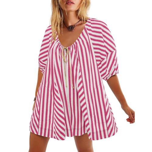 Oversized Rompers for Women,Striped Romper for Women Summer Romper Cute Puff Sleeve Short T Shirt Rompers Flowy Adjustable Neck Oversized Jumpsuit,Amazon Warehouse Sale | Amazon (US)