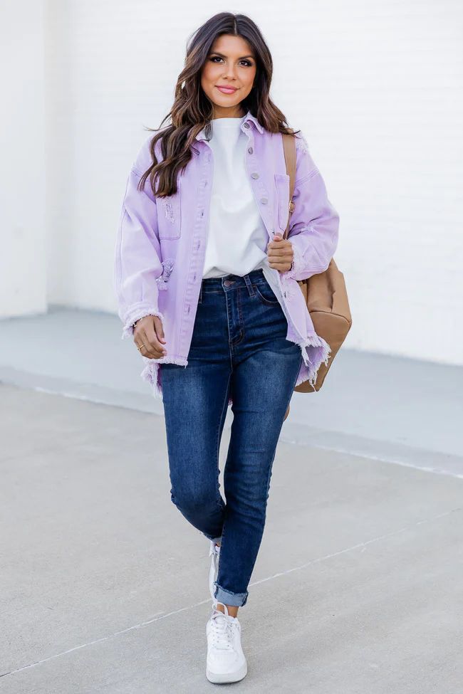 What Do You Think Lilac Distressed Denim Jacket FINAL SALE | Pink Lily