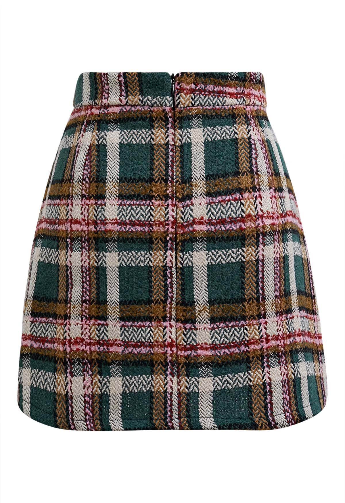Golden Buttons Green Plaid Wool-Blend Mini Skirt | Chicwish