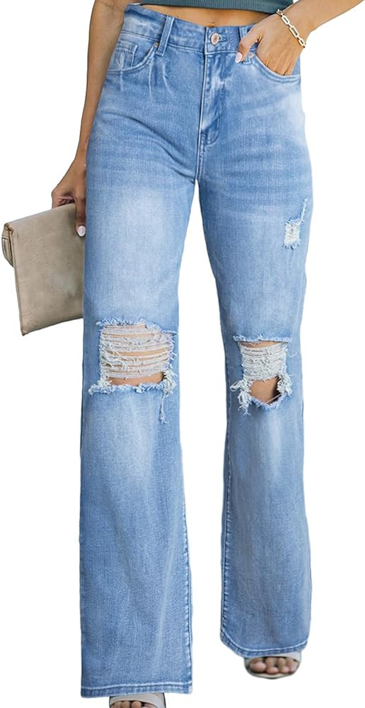 Sidefeel Women's Ripped High Waisted Flared Jeans Wide Leg Destroyed Denim Pants | Amazon (US)