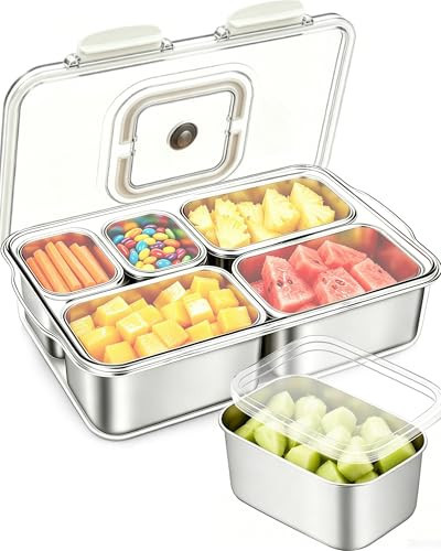 kidinit Snackle Box Container, 5-Compartment Stainless Steel Snack Box, Dishwasher Safety Snack Tray with Lid and Handle, Large Divided Serving Tray for Travel, Picnic, Beach, Pool and Parties | Amazon (US)