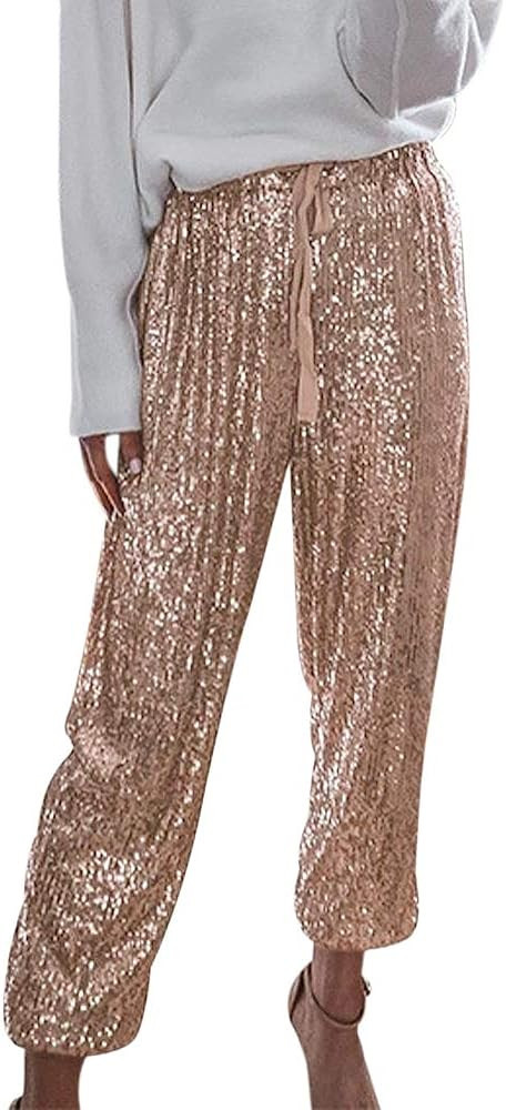 ALLUMK Womens Black Sequin Bling Legging Joggers Pencil Pants with Drawstring | Amazon (US)