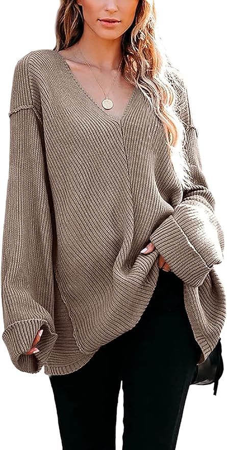 Womens Tunic Sweater V Neck Off Shoulder Oversized Sweaters Loose Knit Long Sleeve Casual Jumper ... | Amazon (US)