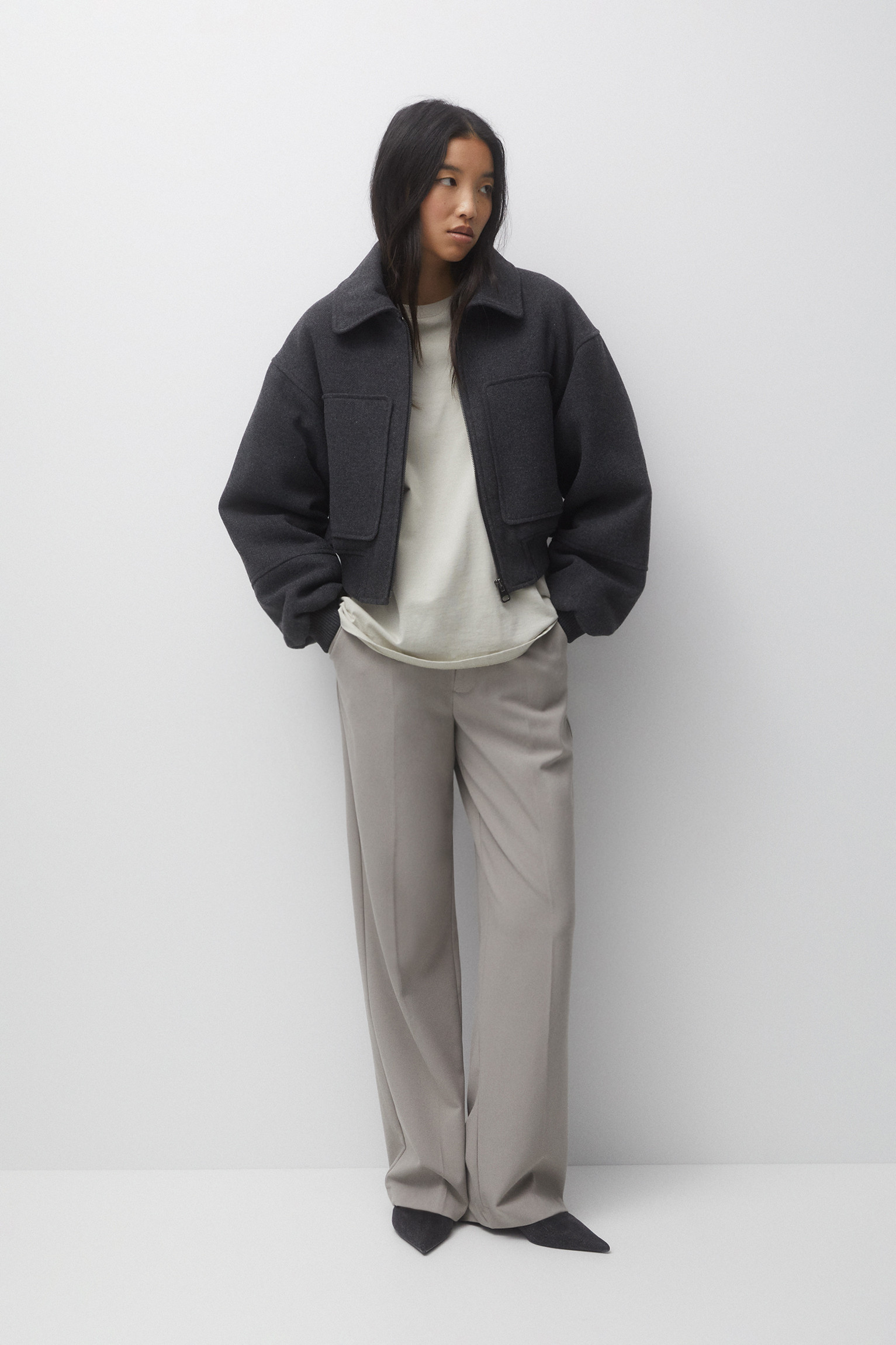 Cropped felt texture jacket | PULL and BEAR UK