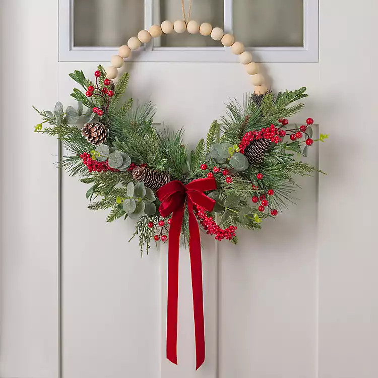 Red Berry and Bow Beaded Hoop Christmas Wreath | Kirklands