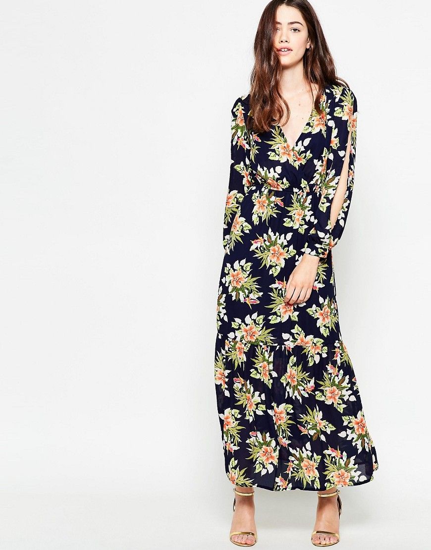 Mela Loves London Tropical Print Long Sleeve Maxi Dress - Navy | ASOS US