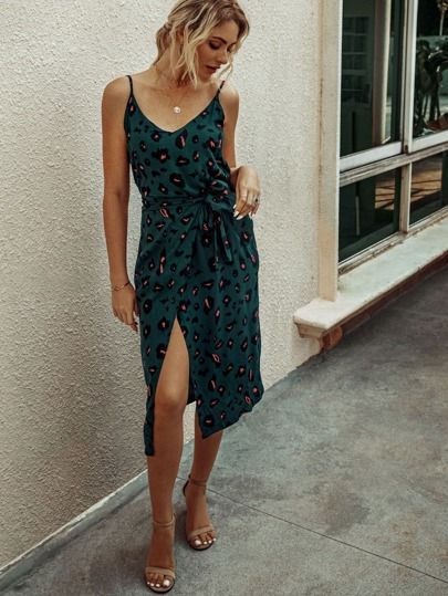 Graphic Print Split Thigh Belted Cami Dress | SHEIN