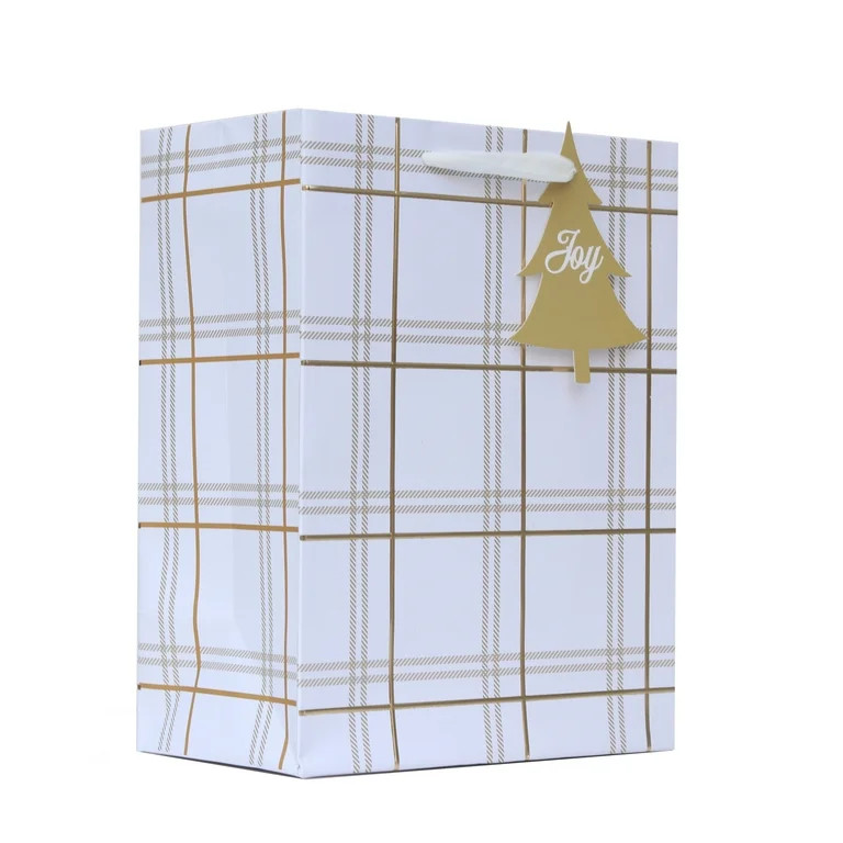 Medium White and Gold Plaid Christmas Paper Gift Bag, 7.5" x 4.5" x 9.87", by My Texas House | Walmart (US)