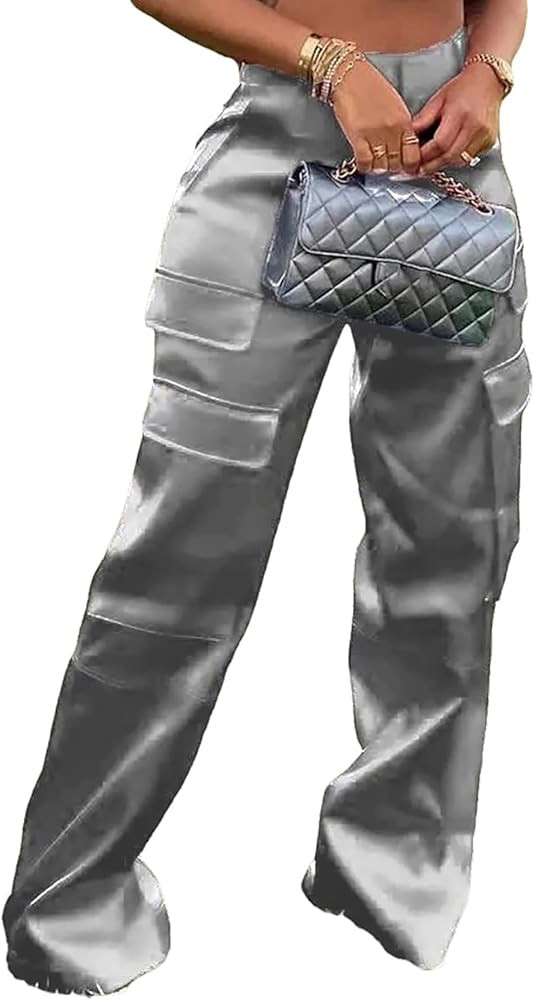 Satin Cargo Pants for Women High Waisted Wide Leg Silky Dressy Club Outfits with Pockets Casual S... | Amazon (US)