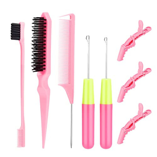 SWEET VIEW Hair Crochet Hooks Set - 2 Crochet Needles, Edge Brush, Bristle Brush, Rat Tail Comb, 3 Gator Clips for Passion Twist Hair Extensions | Amazon (US)
