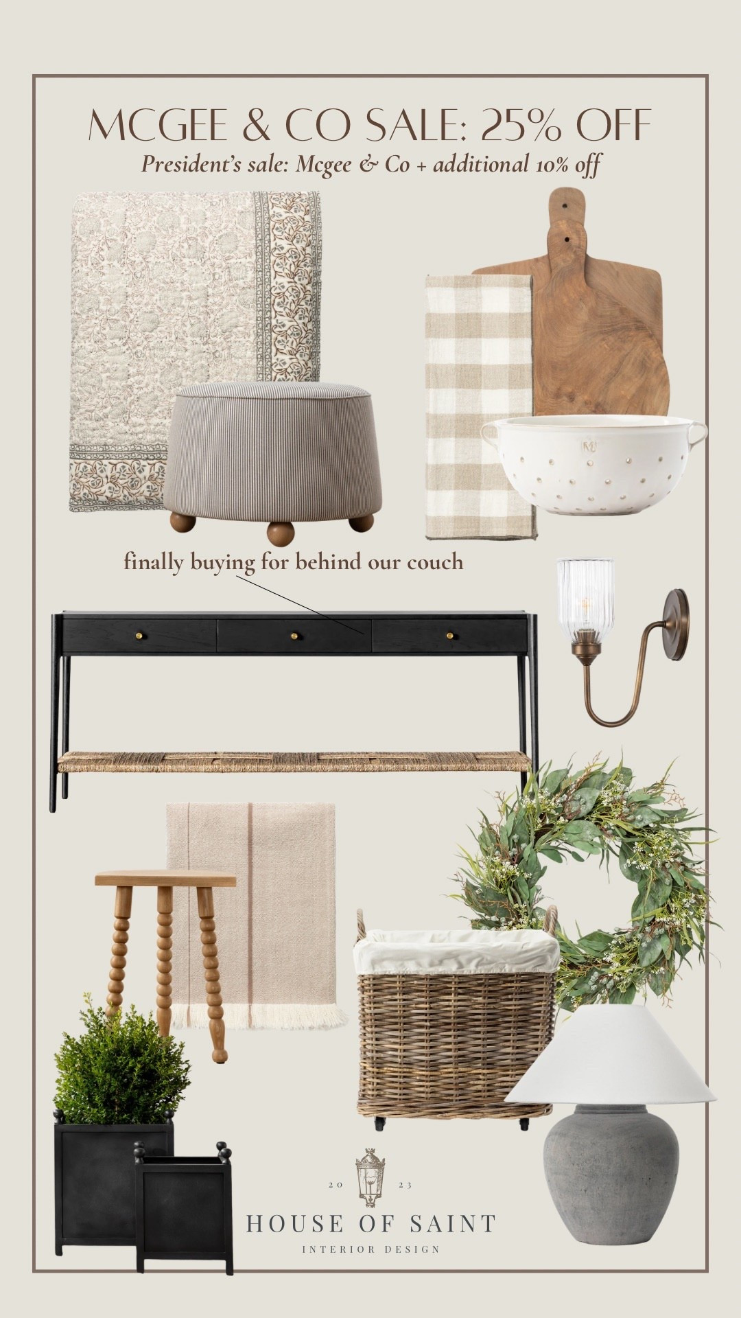 Finally pulled the trigger on a few pieces for behind our couch 🤍 and of course I had to take advantage of the McGee & Co sale 🙌🏼

This is your sign to grab the console you’ve been eyeing — perfect for styling that awkward space behind a sofa (add a lamp, layered art, a basket for throws, and you’re done ✨).

Sharing the exact console + the cozy, neutral accents I’d pair with it — stools, baskets, wreaths, lighting, and soft textiles that give that collected, lived-in look without feeling cluttered.

If you’ve been wanting to elevate your living room for spring, this sale is a good one 🤍

#ltkhome #mcgeeandco #neutralhome #cozyhome #livingroominspo 

 #LTKHome
