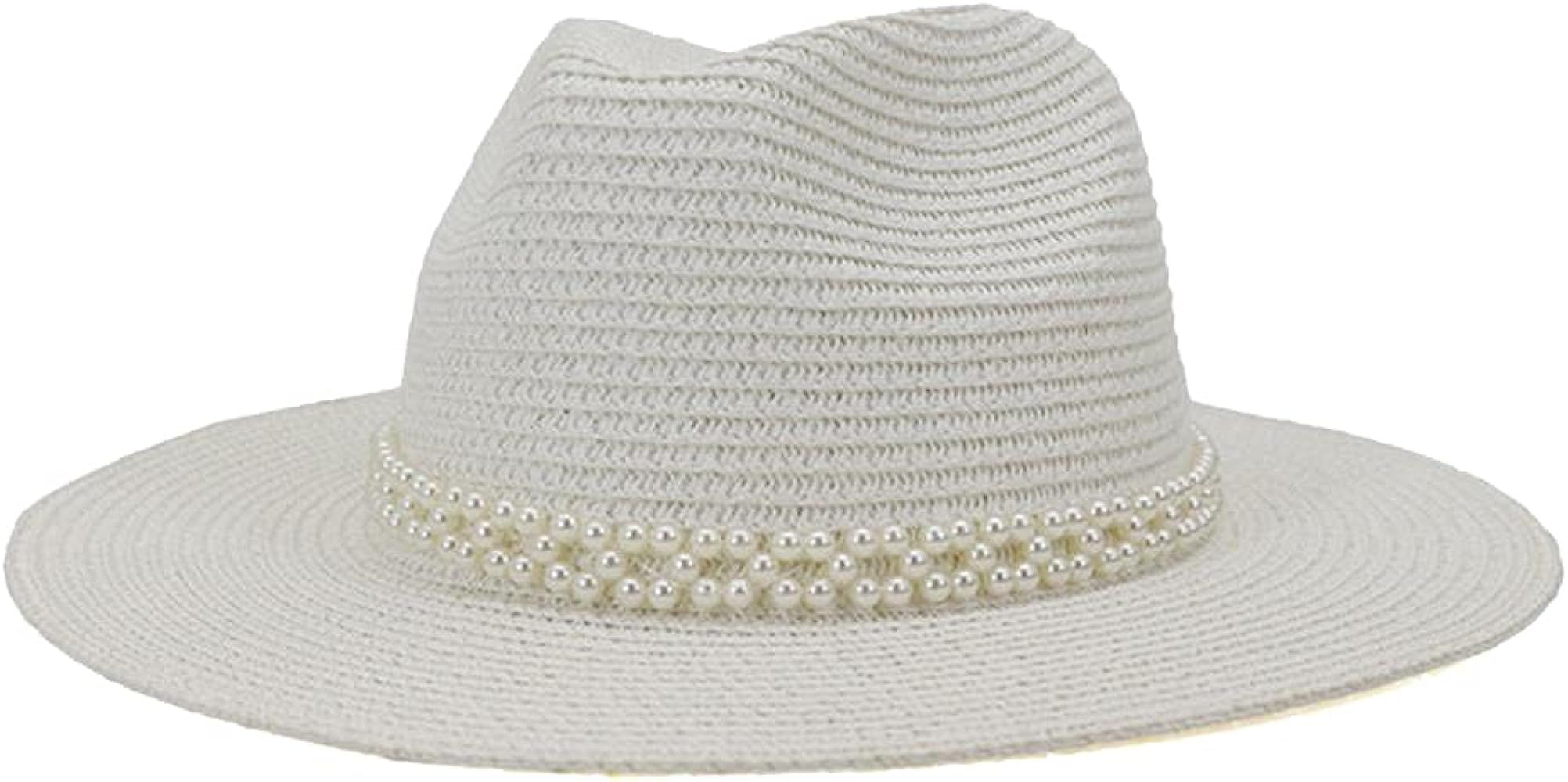 Navy Hat Pearl Summer Beach Ladies Trilby Wide Brim Straw Sun Hats for Women Jazz Fedora | Amazon (US)