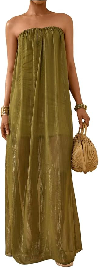 OYOANGLE Summer Maxi Dresses for Women Flowy Strapless Tube Top Maxi Dress | Amazon (US)