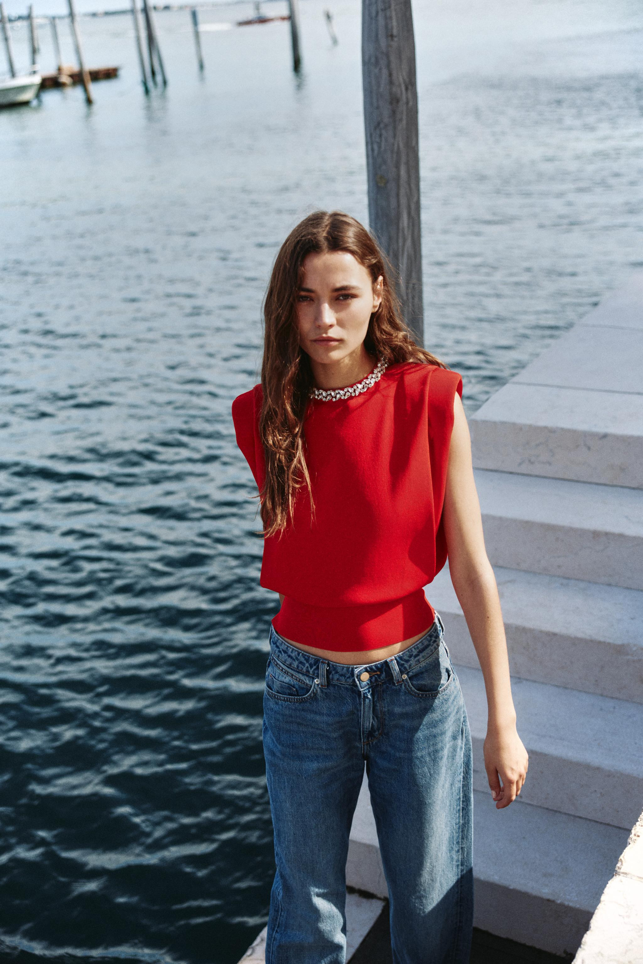 JEWEL NECK SHOULDER PAD TOP | Zara US