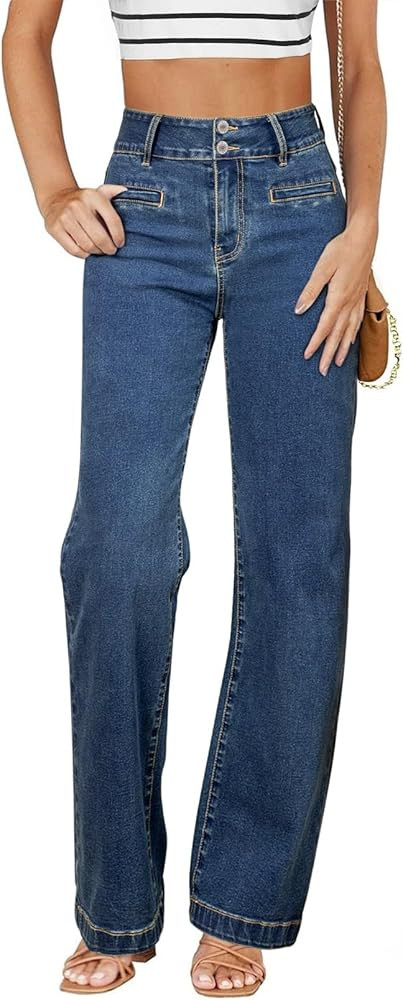 Sidefeel Women's Jeans High Waisted Straight Leg Stretchy Jeans Trendy Welt Pockets Loose Wide Le... | Amazon (US)