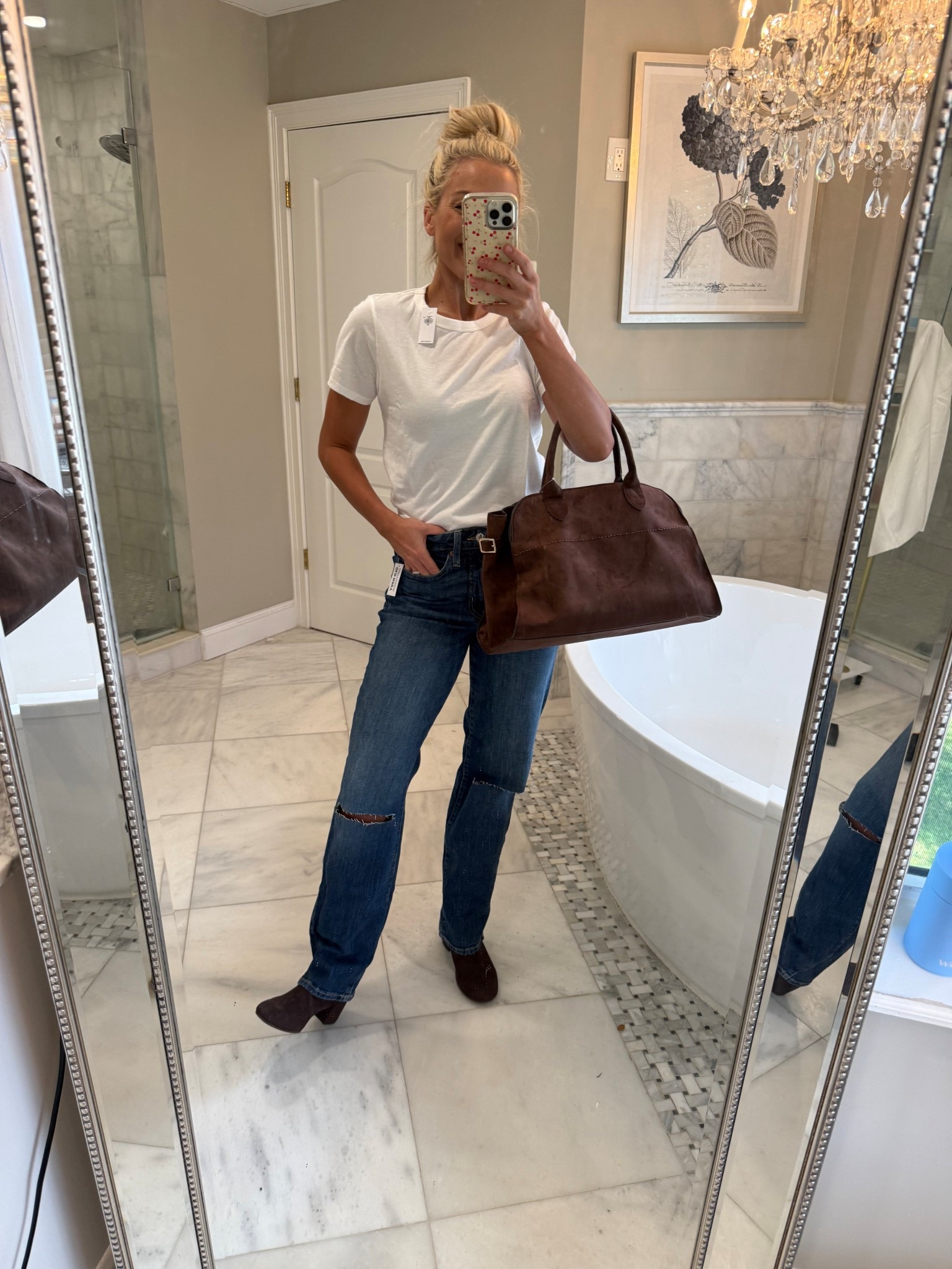 Transitioning into fall outfit ! Everyone needs a basic white top , some cute jeans , boots, and a suede bag for this fall season ! You can make so many different outfits with these staple pieces ! 

#LTKSeasonal #LTKSaleAlert #LTKU