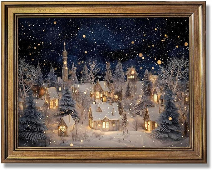 Gold Framed Vintage Winter Village Wall Art Cozy Snowy Christmas Town Landscape Canvas Poster Pri... | Amazon (US)