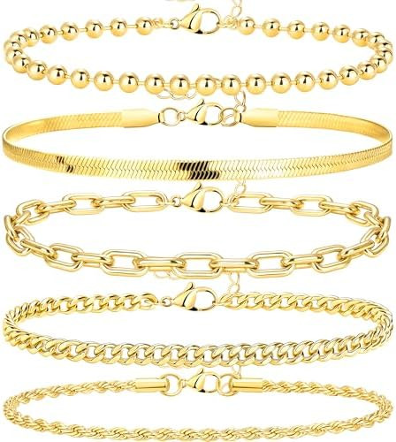 Gold Bracelets for Women, 14K Real Gold Dainty 7" +2" Adjustable Multilayer Trendy Bracelets Set ... | Amazon (CA)