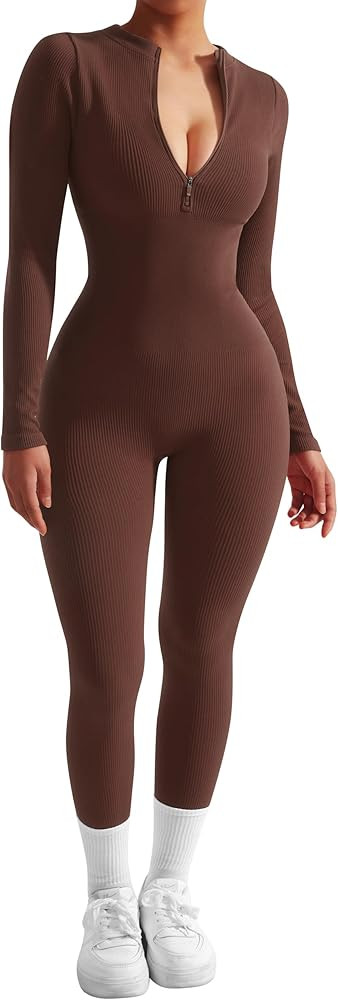 SUUKSESS Women Long Sleeve Ribbed Jumpsuit Zip up Front Workout Bodycon Romper | Amazon (US)