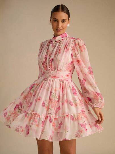 Enchnt Spring/Summer Romantic Women's Brown Stand Collar Lantern Sleeve Ruched Flounce Hem Fashio... | SHEIN