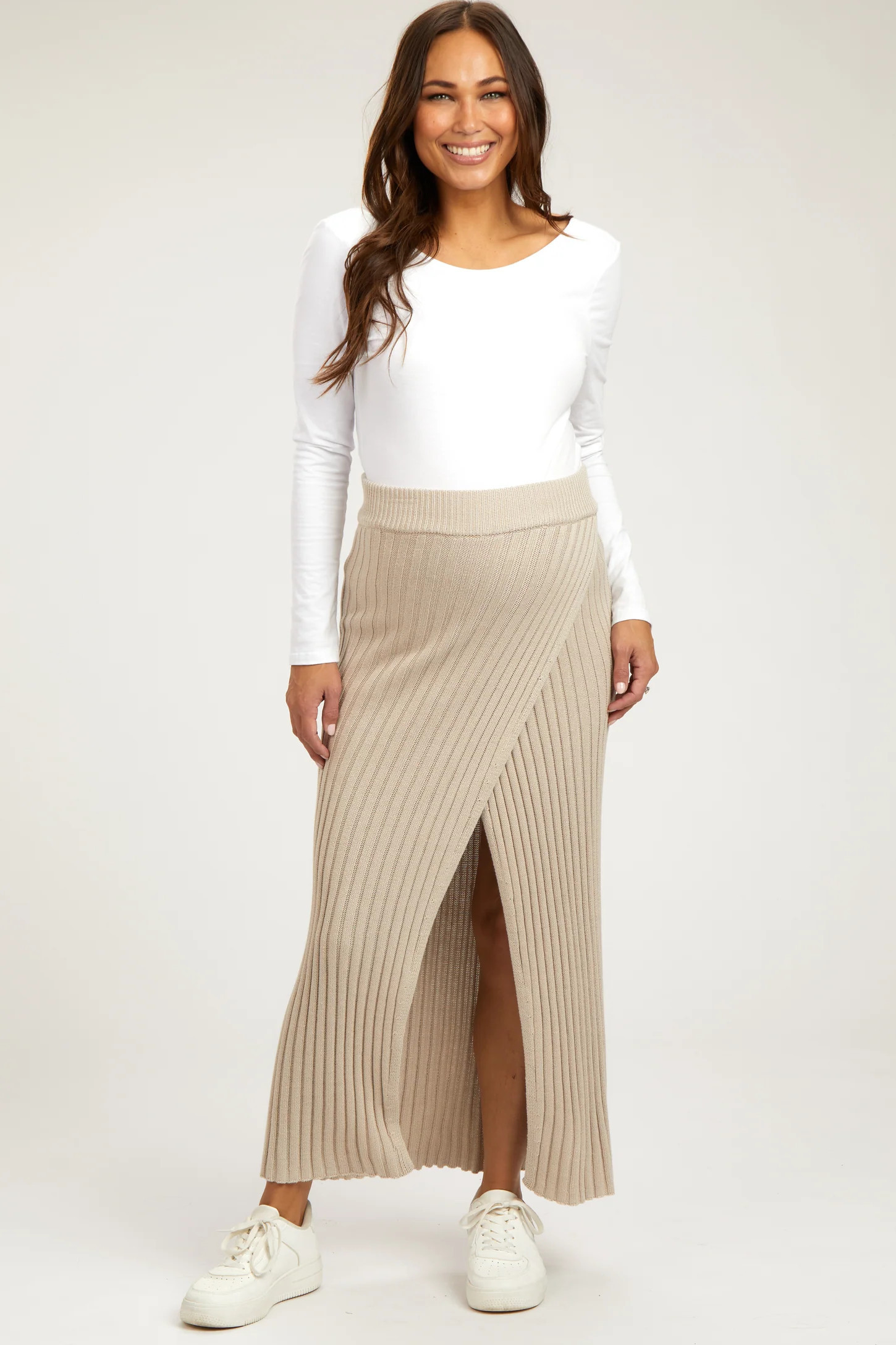 Beige Ribbed Knit Wrap Maternity Maxi Skirt | PinkBlush Maternity